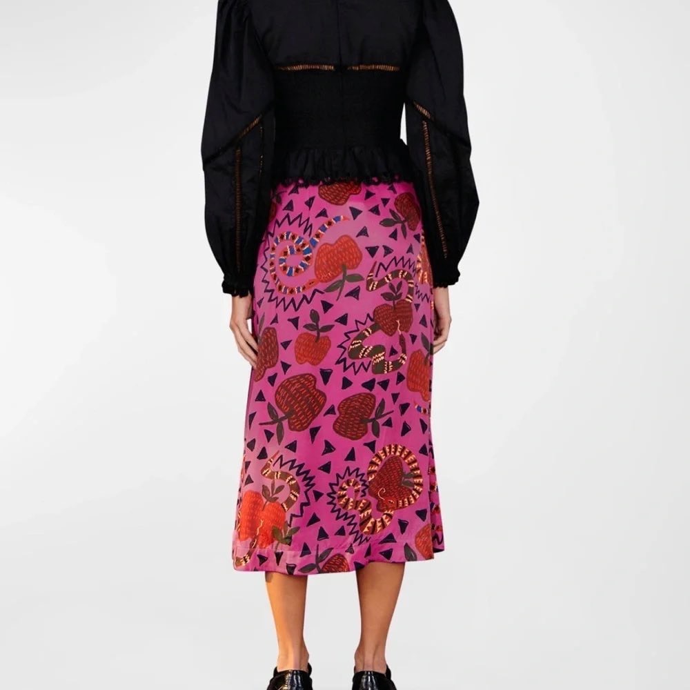 Farm Rio Snake Apple Print Midi Skirt L Pink Boho Eclectic Maximalist Tropical - Picture 2 of 13